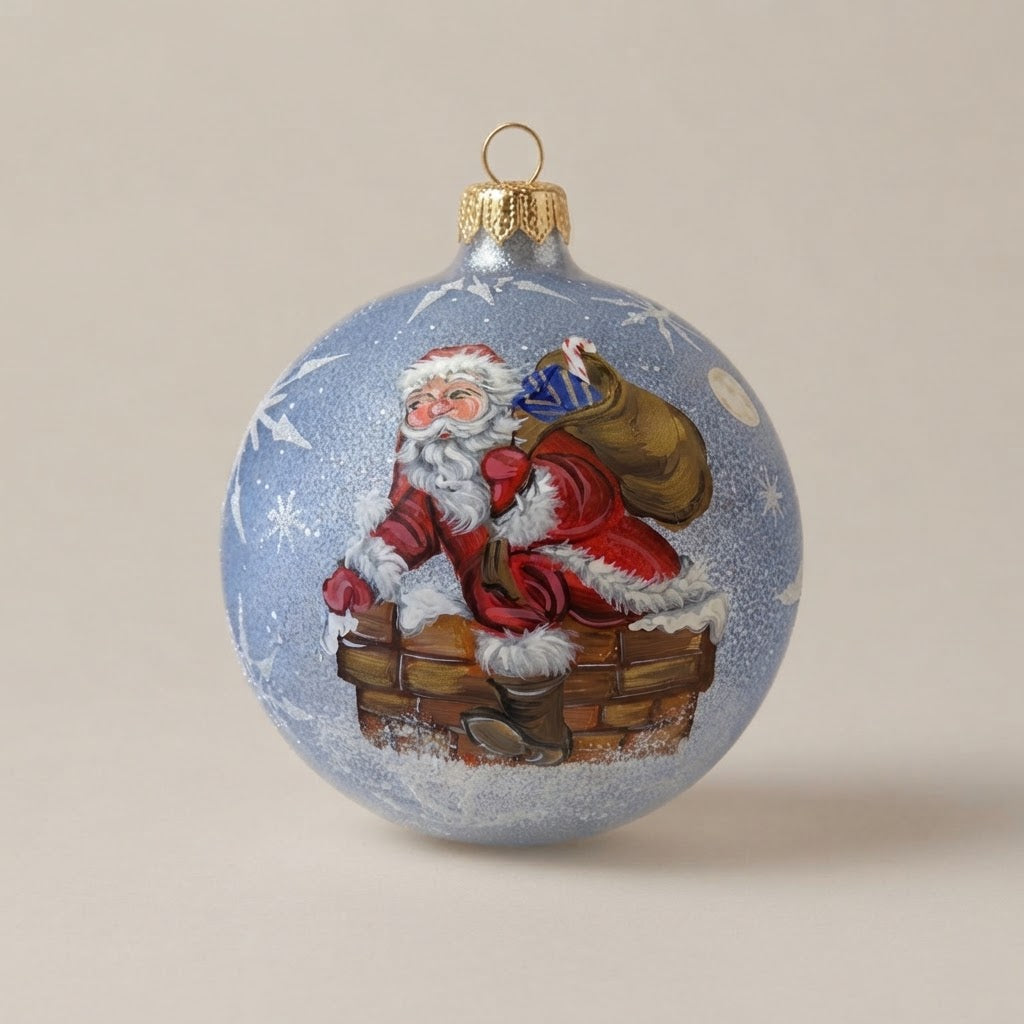 Palla di Natale Babbo Natale nel camino su azzurro, Ø 12 cm