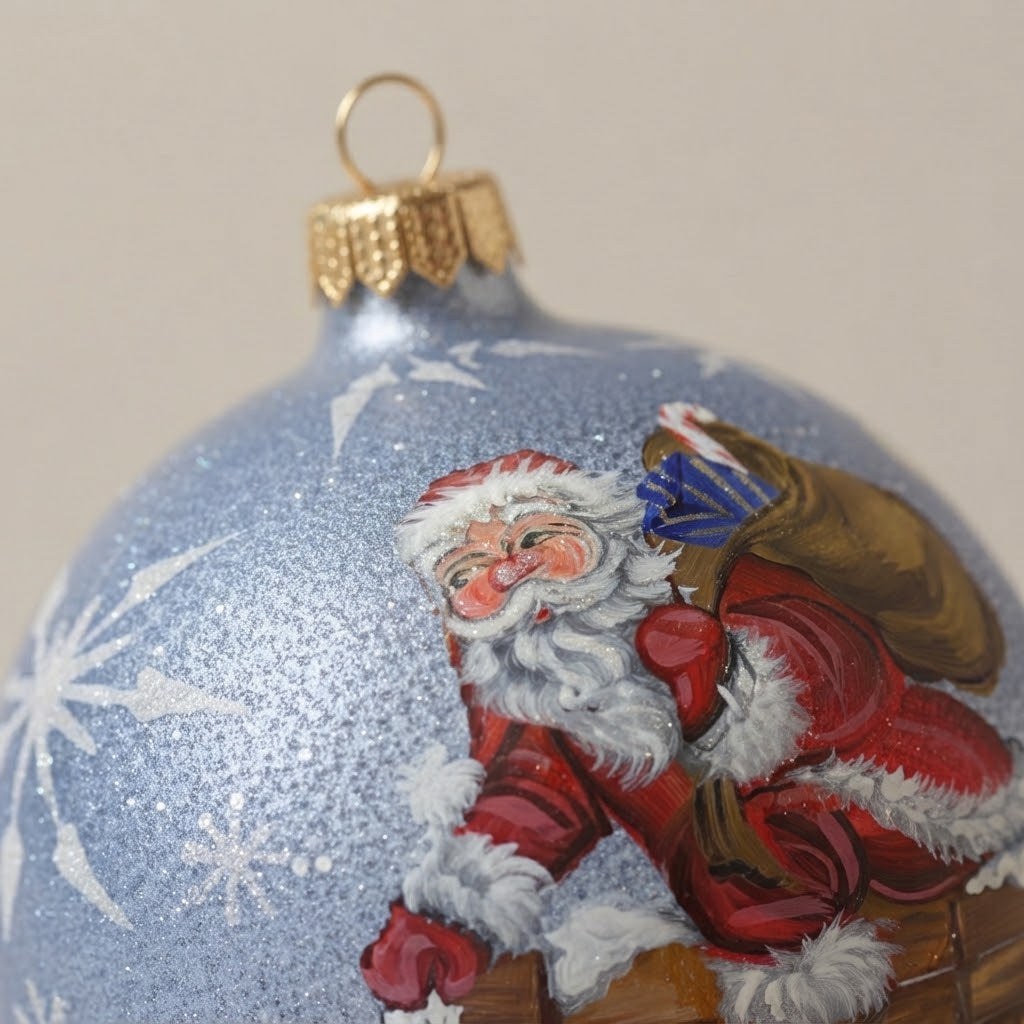 Dettaglio del decoro: palla di Natale Babbo Natale nel camino su azzurro, Ø 12 cm