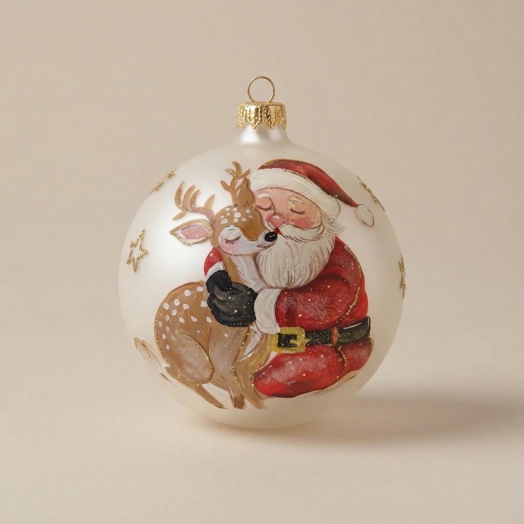 Palla di Natale Ø 12 cm con Babbo Natale e cerbiatto dipinti a mano