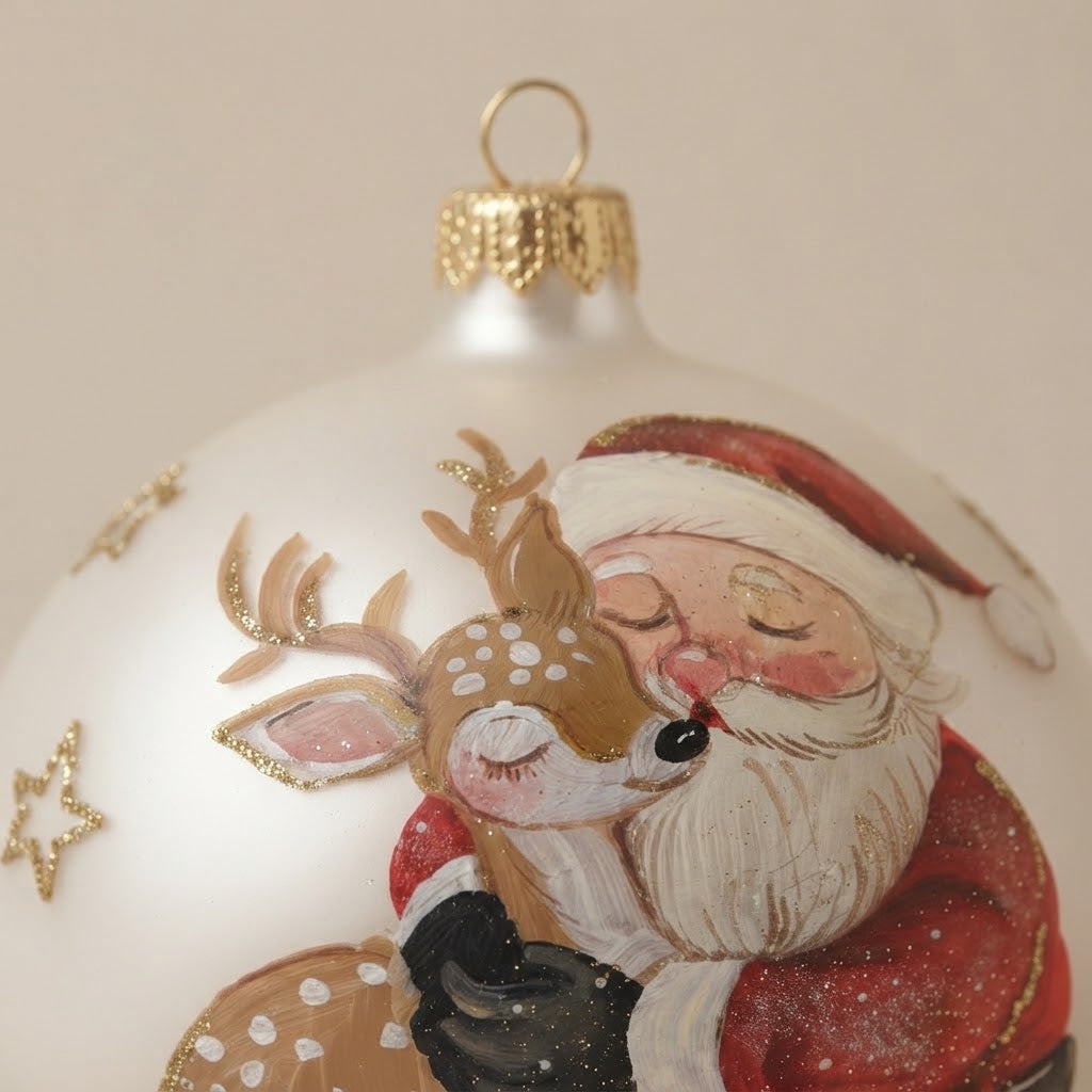 Dettaglio di Babbo Natale che abbraccia il cerbiatto