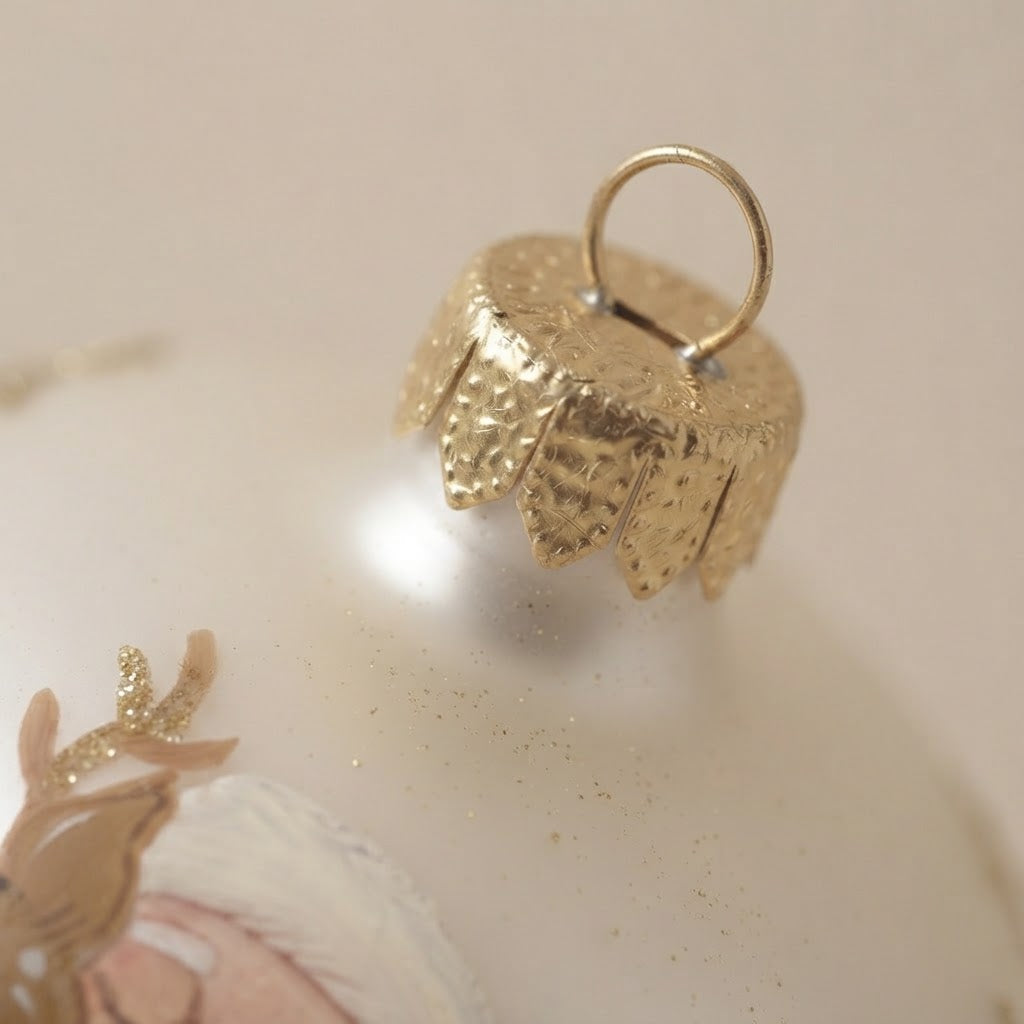 Cappuccio dorato della palla di Natale bianca in vetro soffiato