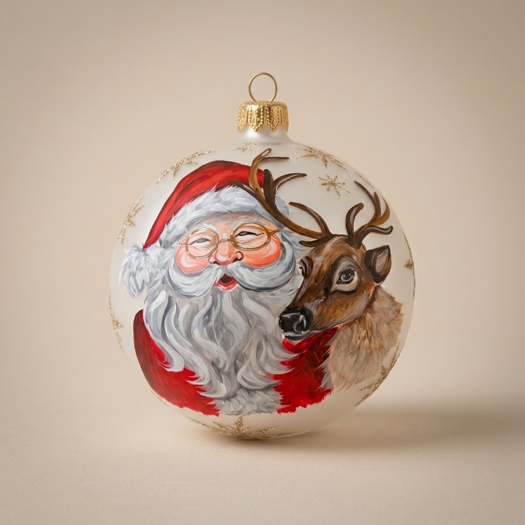 Palla di Natale Ø 12 cm dipinta a mano: Babbo Natale e renna su fondo bianco