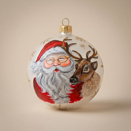 Palla di Natale Ø 12 cm dipinta a mano: Babbo Natale e renna su fondo bianco