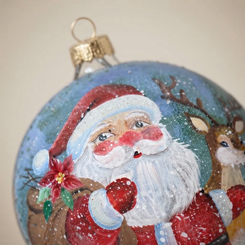 Decoration detail: Christmas ornament with Santa and his reindeer, 4.7 in (12 cm)