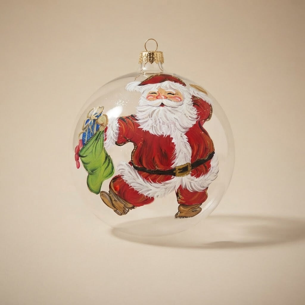 Palla di Natale Babbo Natale con il sacco su vetro trasparente, Ø 12 cm