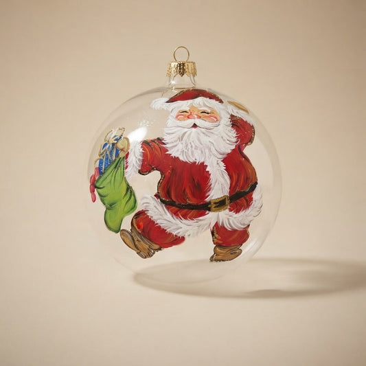 Palla di Natale Babbo Natale con il sacco su vetro trasparente, Ø 12 cm