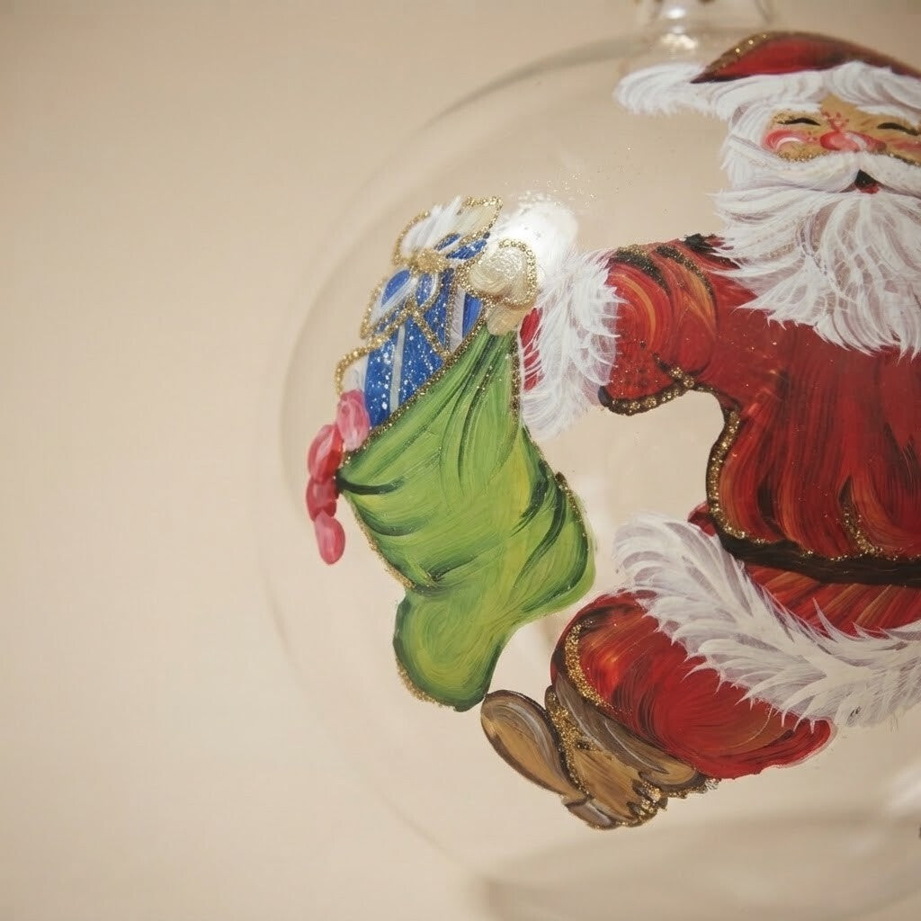Dettaglio ravvicinato: palla di Natale Babbo Natale con il sacco su vetro trasparente, Ø 12 cm