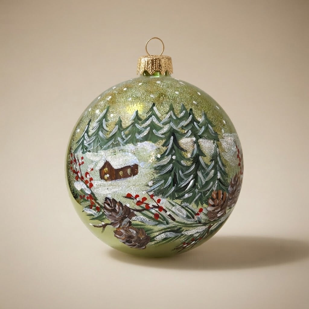 Christmas ornament with a cabin in the snowy woods, 4 in (10 cm)