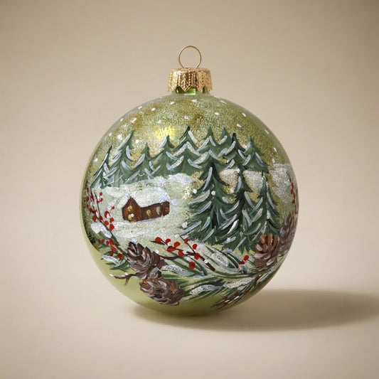 Palla di Natale baita nel bosco innevato, Ø 10 cm