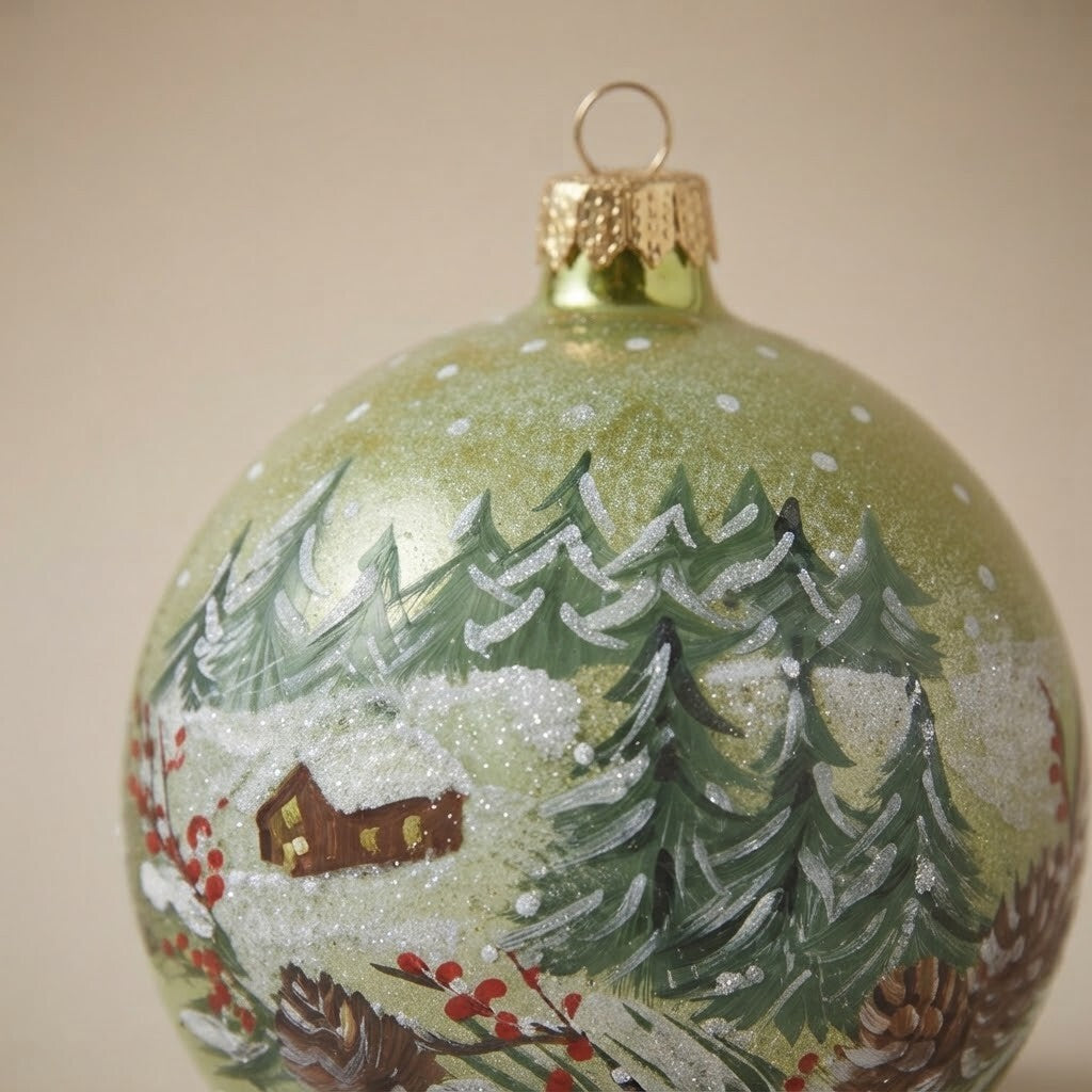 Decoration detail: Christmas ornament with a cabin in the snowy woods, 4 in (10 cm)