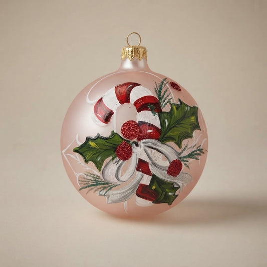 Palla di Natale Ø 10 cm dipinta a mano: bastoncino di zucchero, agrifoglio e fiocco su fondo rosa