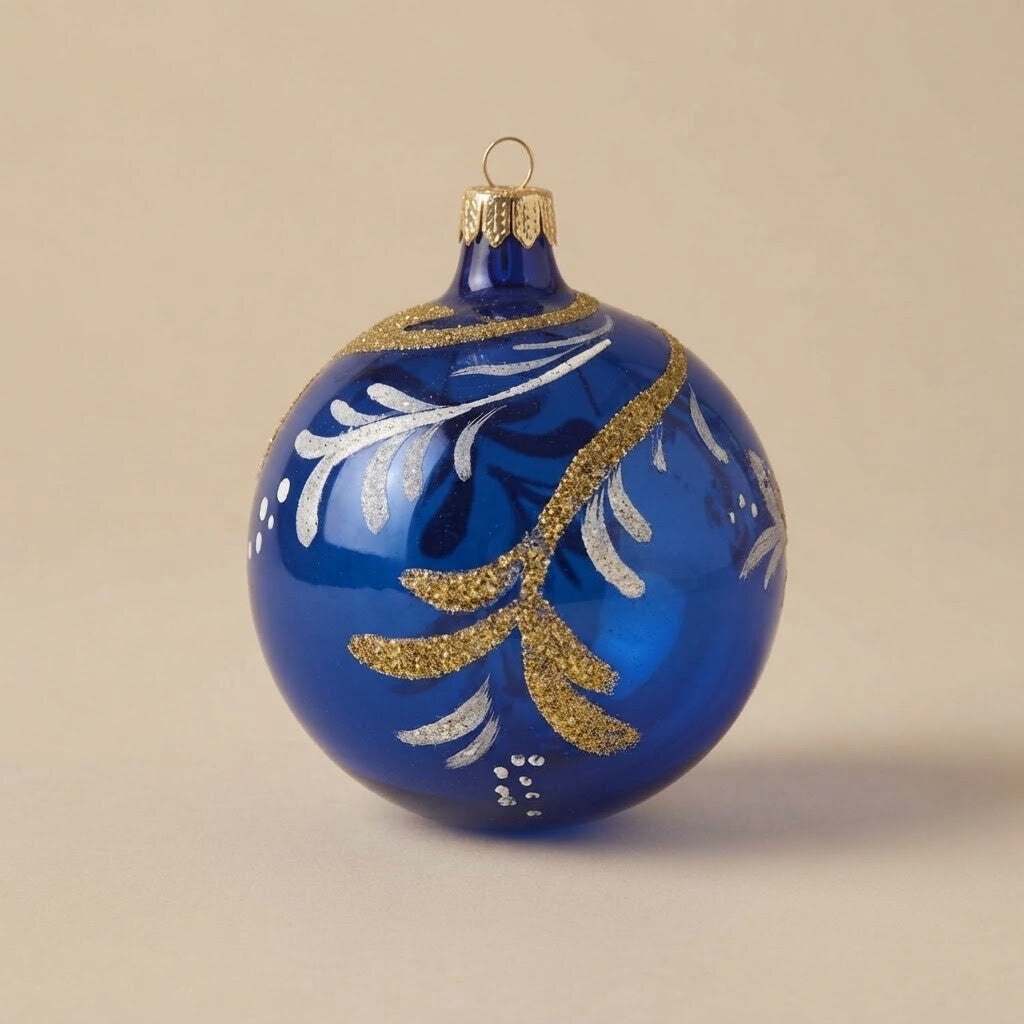 Palla di Natale blu con volute oro e bianche, Ø 10 cm