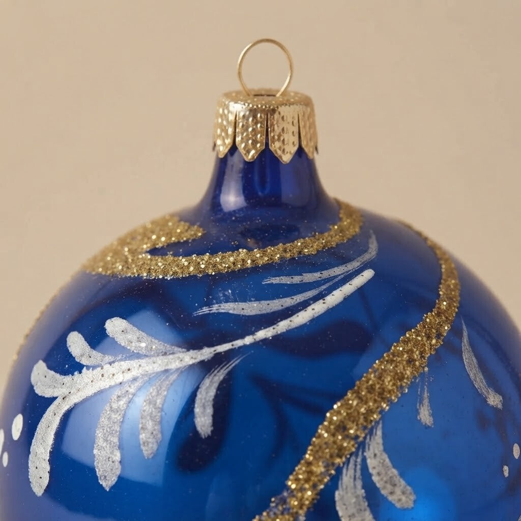 Dettaglio del decoro: palla di Natale blu con volute oro e bianche, Ø 10 cm