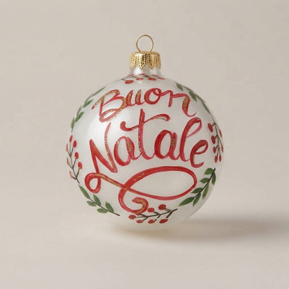 Palla di Natale Ø 10 cm con scritta Buon Natale rossa e bacche dipinte a mano