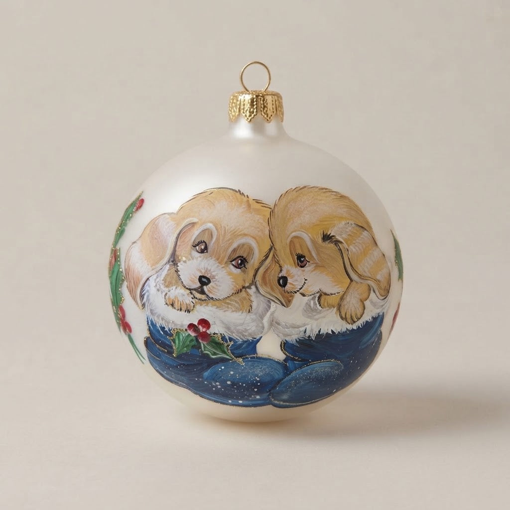 Palla di Natale cagnolini su bianco, Ø 12 cm