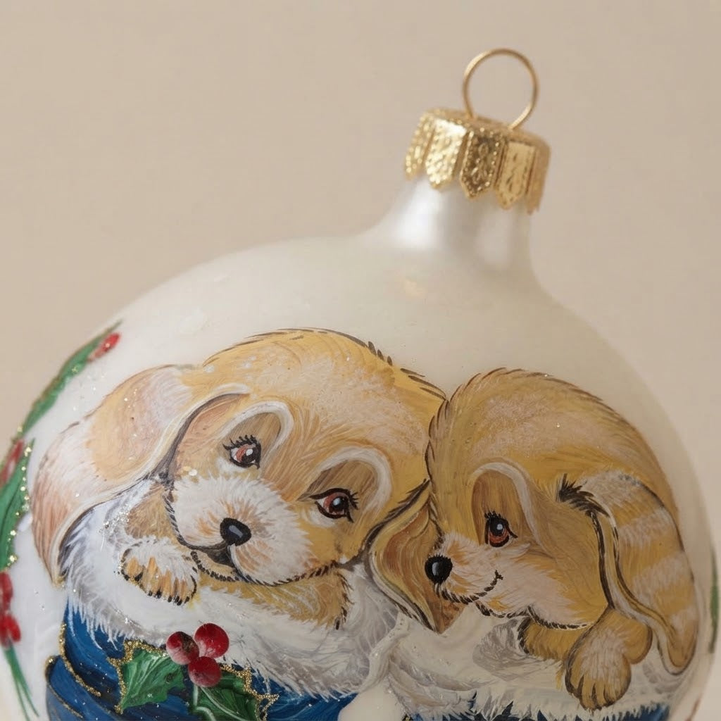 Dettaglio del decoro: palla di Natale cagnolini su bianco, Ø 12 cm