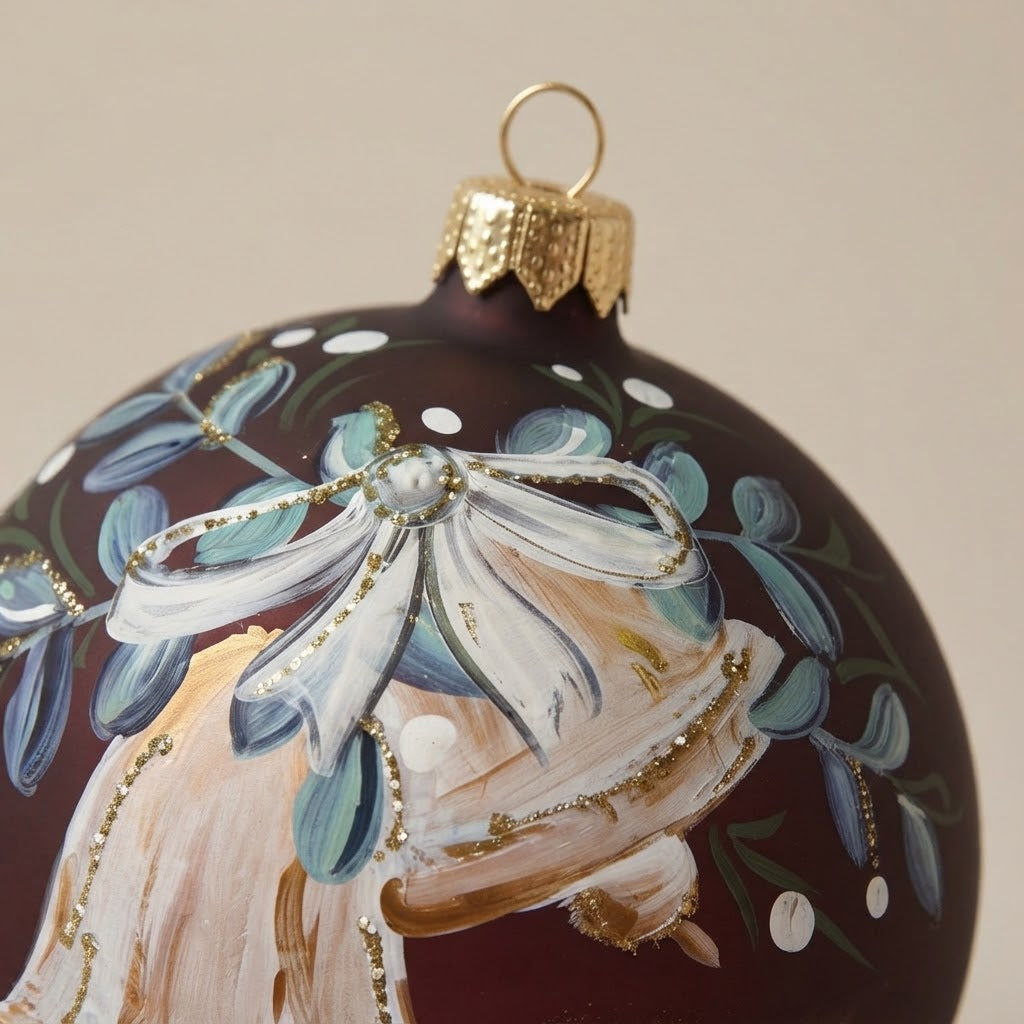 Close-up of the brush-painted decoration: Christmas ornament with bells and mistletoe on burgundy