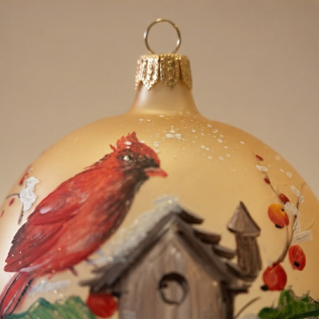 Palla di Natale cardinale e casetta per uccelli, Ø 10 cm – dettaglio del decoro