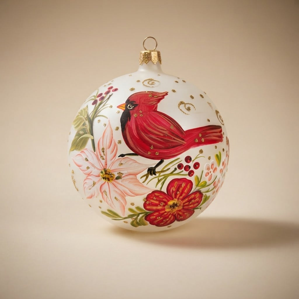 Palla di Natale cardinale e fiori su bianco, Ø 10 cm