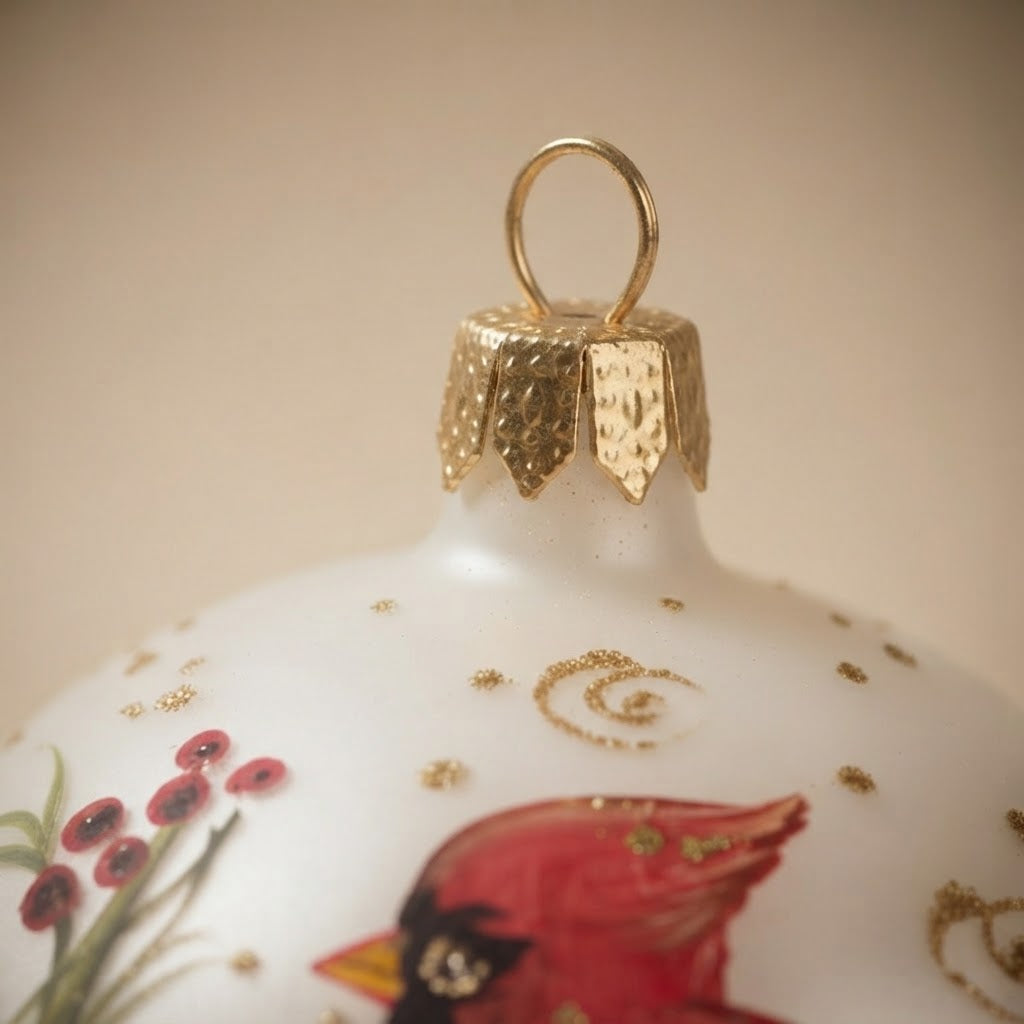 Palla di Natale cardinale e fiori su bianco, Ø 10 cm – dettaglio del cappuccio