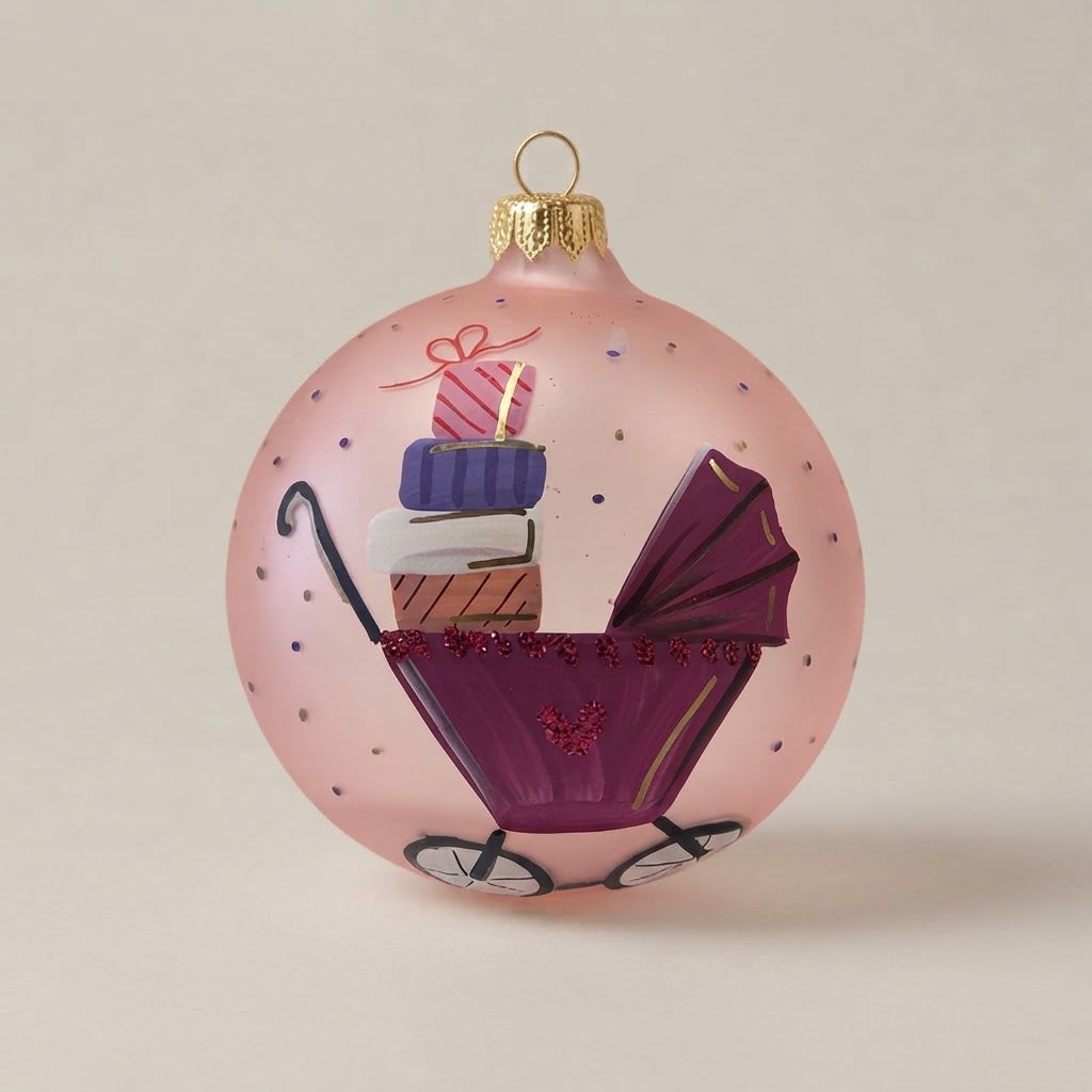 Christmas ornament with baby carriage and gifts on pink, 4 in (10 cm), mouth-blown and hand-painted