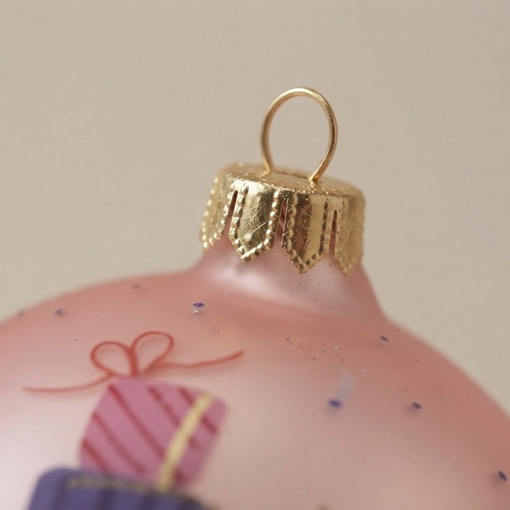 Detail of the mouth-blown, hand-painted glass Christmas ornament