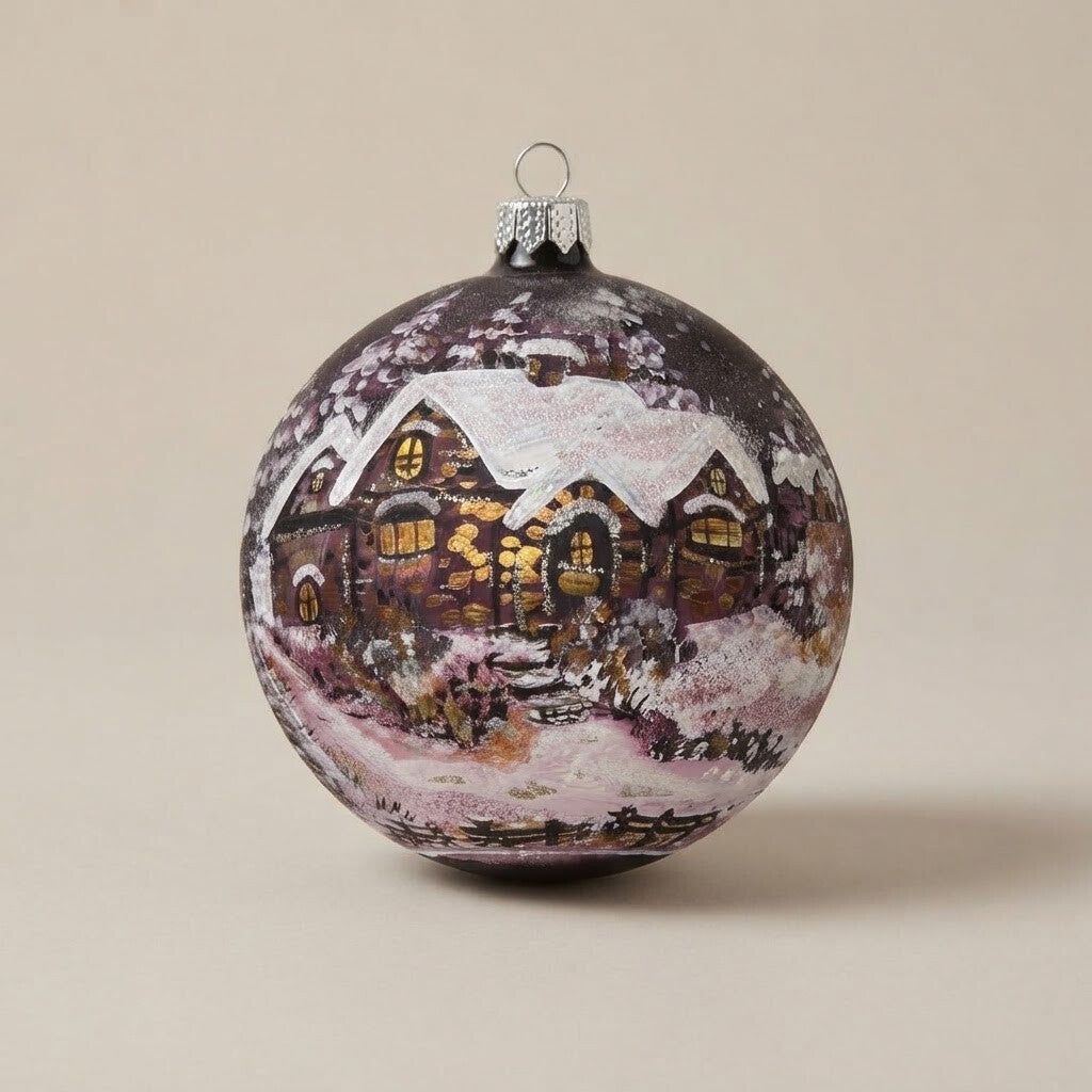 Christmas ornament with a snowy house on plum, 4.7 in (12 cm)