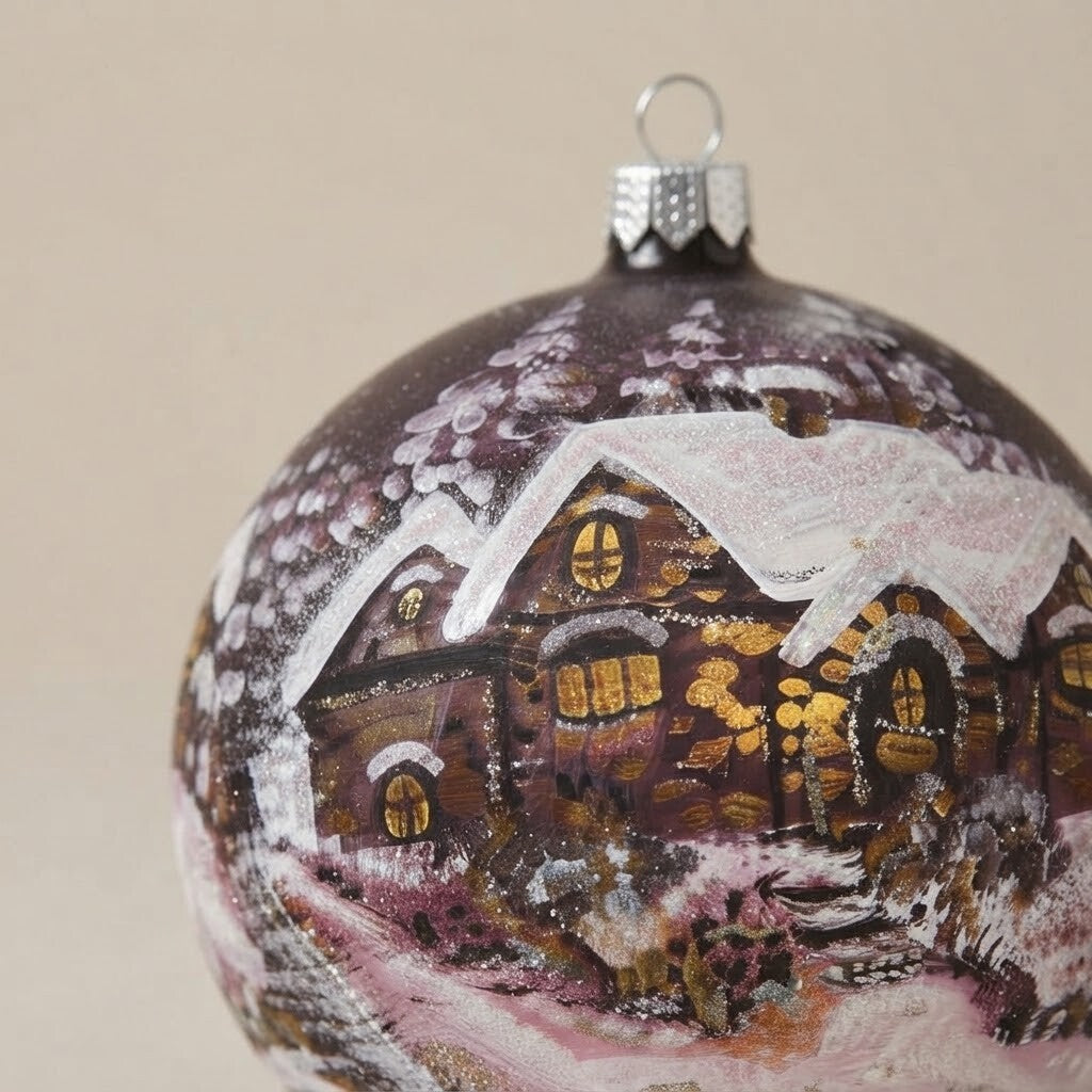 Decoration detail: Christmas ornament with a snowy house on plum, 4.7 in (12 cm)