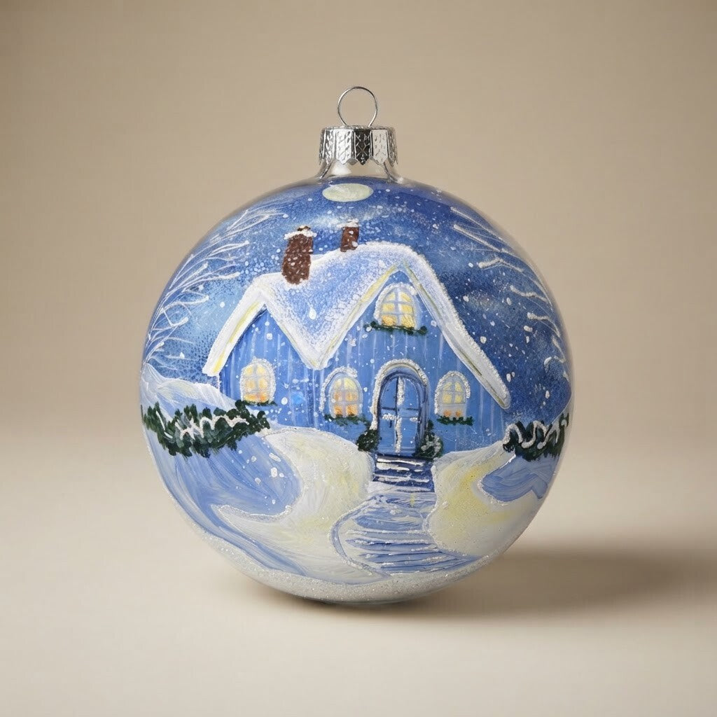 Christmas ornament with a snowy blue cottage, 4.7 in (12 cm)