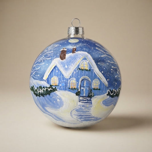 Palla di Natale casetta azzurra innevata, Ø 12 cm