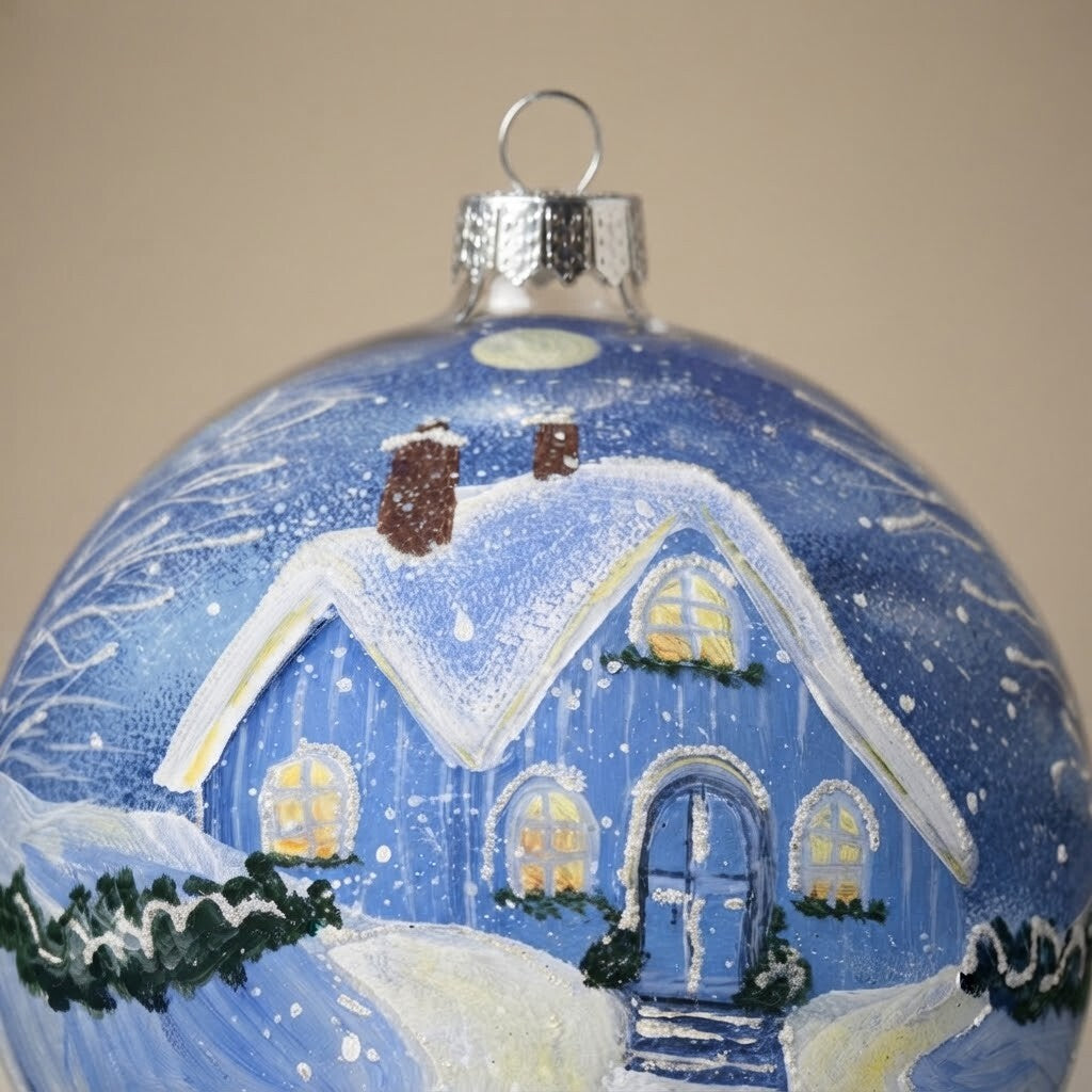 Decoration detail: Christmas ornament with a snowy blue cottage, 4.7 in (12 cm)