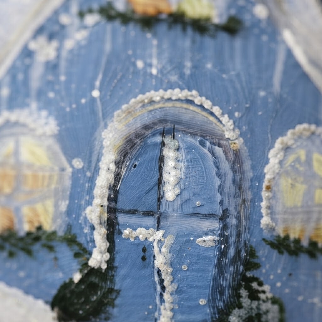 Close-up: Christmas ornament with a snowy blue cottage, 4.7 in (12 cm)
