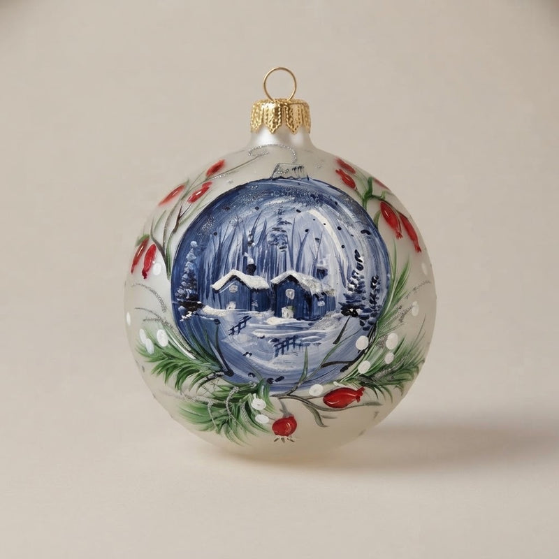 Palla di Natale Ø 10 cm dipinta a mano: casette innevate in un medaglione blu con bacche rosse