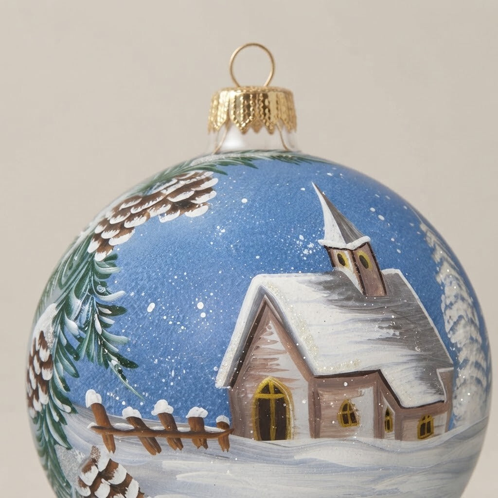 Dettaglio del decoro: palla di Natale chiesetta innevata, Ø 12 cm