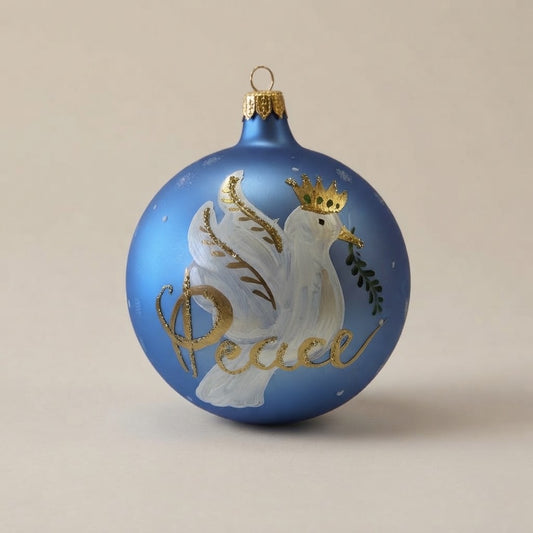 Palla di Natale colomba con corona e scritta Peace su blu, Ø 10 cm