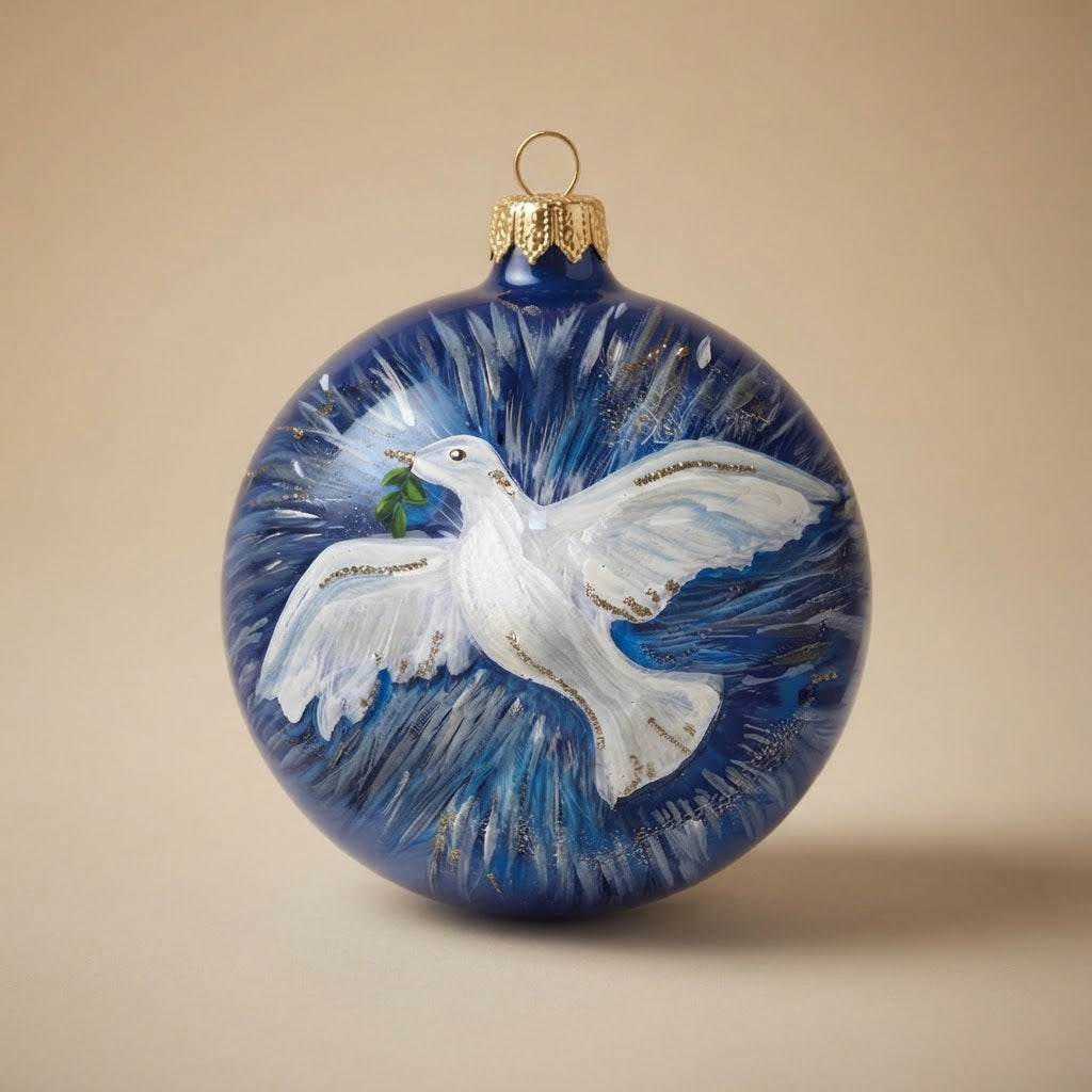 Palla di Natale Ø 10 cm blu con colomba della pace dipinta a mano