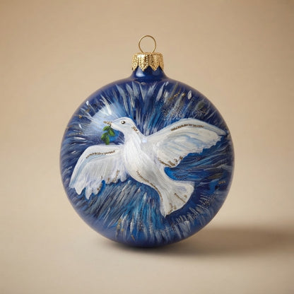 Palla di Natale Ø 10 cm blu con colomba della pace dipinta a mano