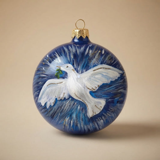 Palla di Natale Ø 10 cm blu con colomba della pace dipinta a mano