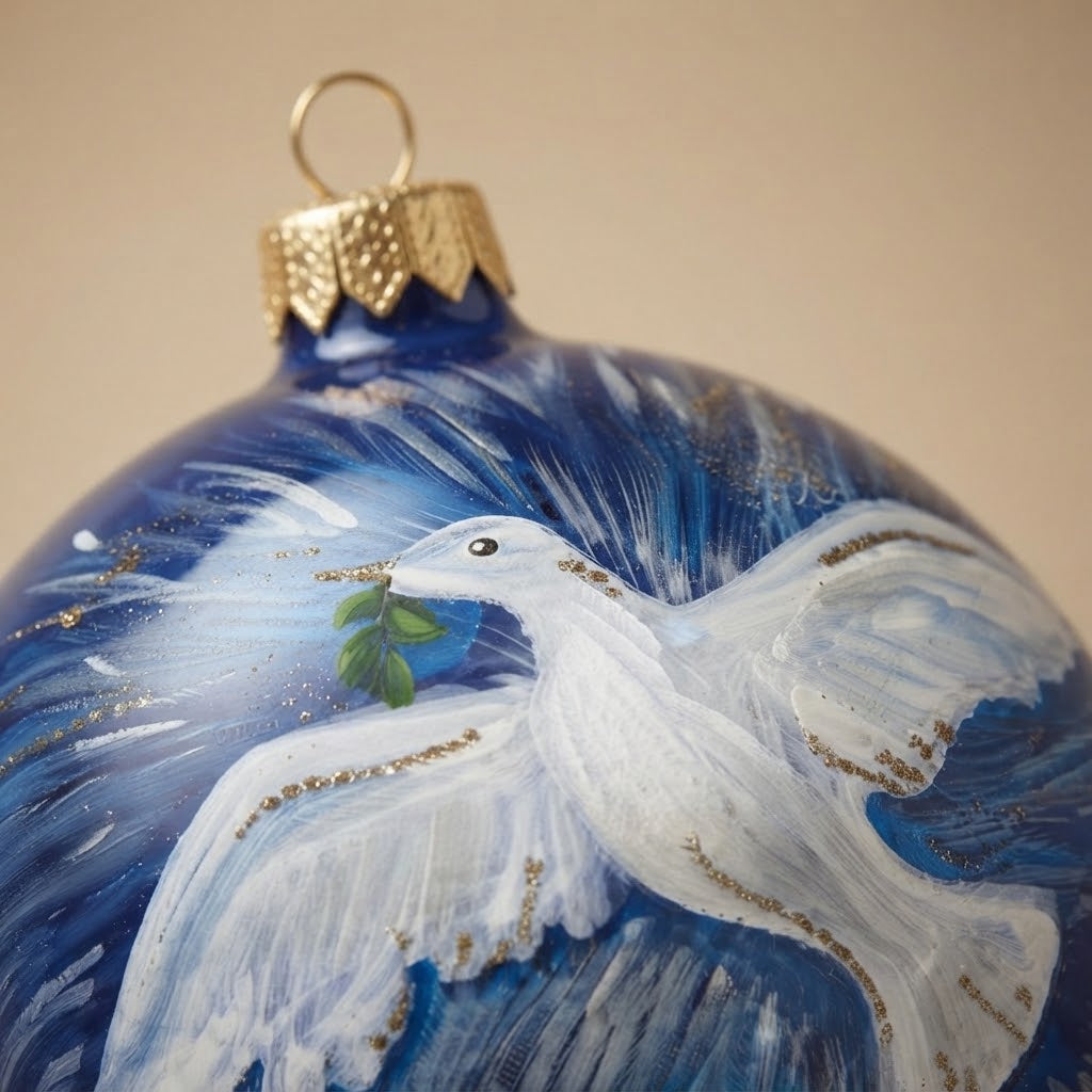 Dettaglio della colomba con ramo d'ulivo e glitter oro