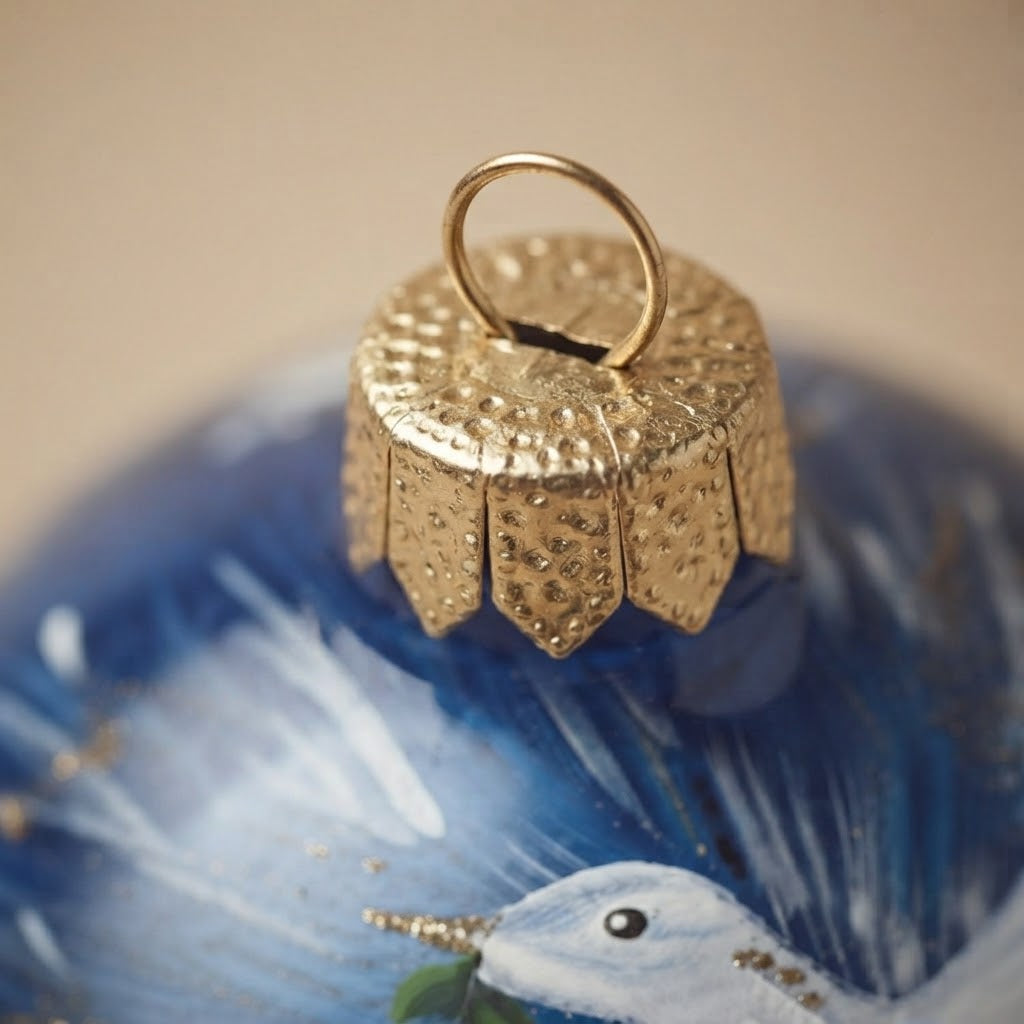 Cappuccio dorato della palla di Natale blu in vetro soffiato