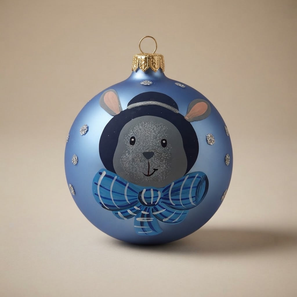 Christmas ornament with bunny in hat and bow on blue, 4 in (10 cm), mouth-blown and hand-painted