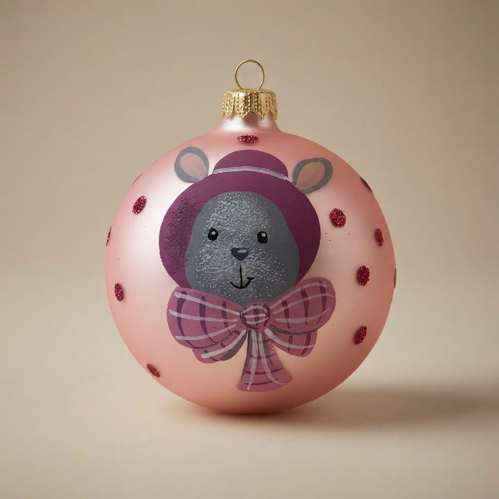 Palla di Natale coniglietto con cappello e fiocco su rosa Ø 10 cm, vetro soffiato e dipinto a mano