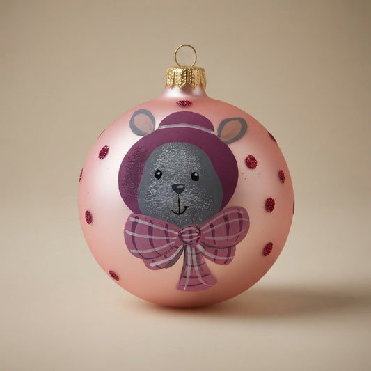 Palla di Natale coniglietto con cappello e fiocco su rosa Ø 10 cm, vetro soffiato e dipinto a mano