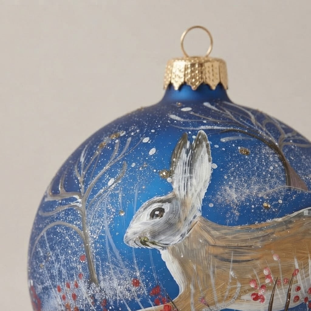 Dettaglio del decoro: palla di Natale coniglio che corre su blu, Ø 10 cm