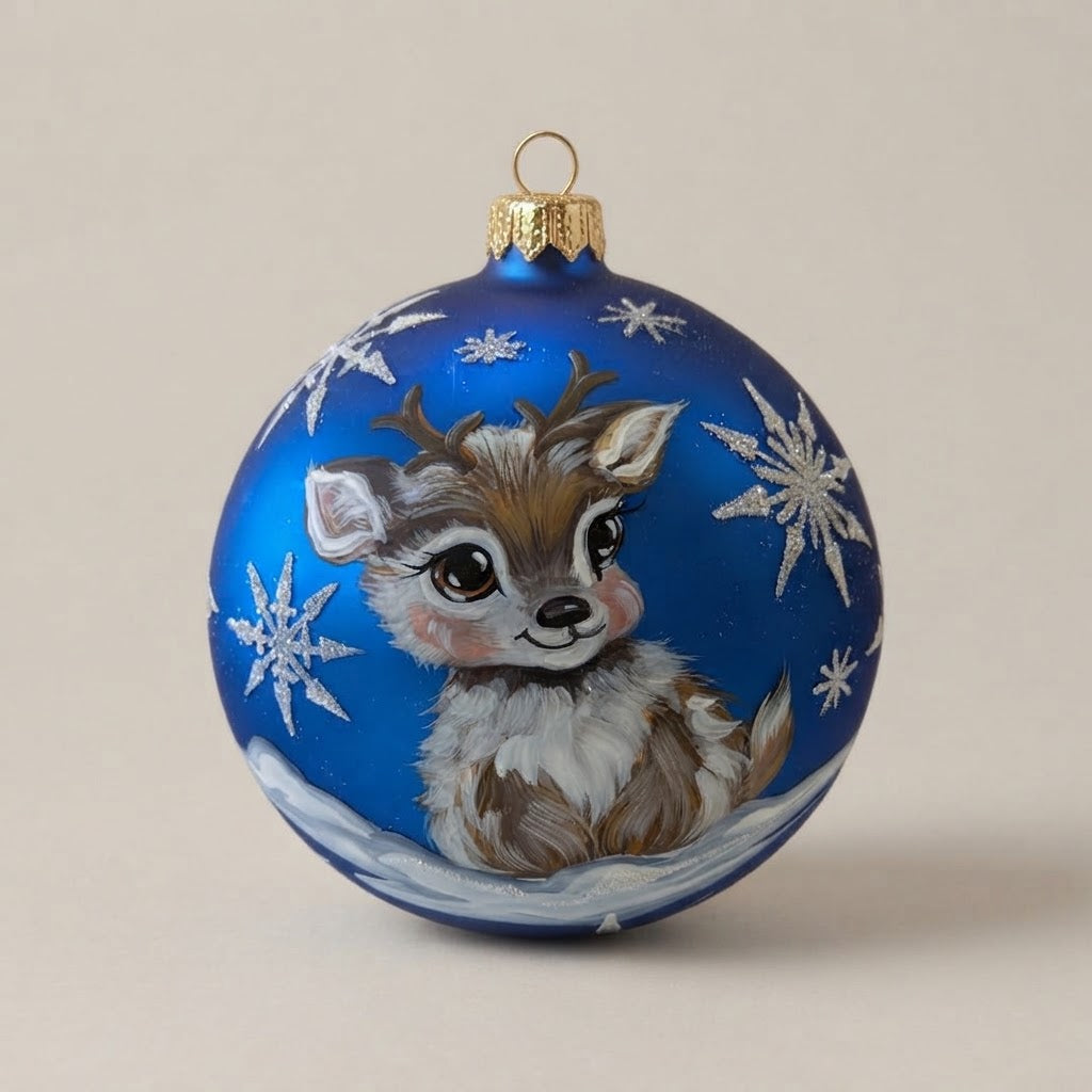 Palla di Natale cucciolo di renna su blu, Ø 12 cm
