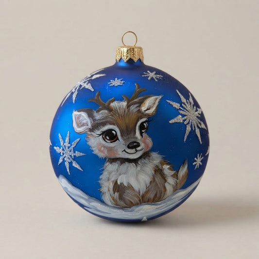 Palla di Natale cucciolo di renna su blu, Ø 12 cm