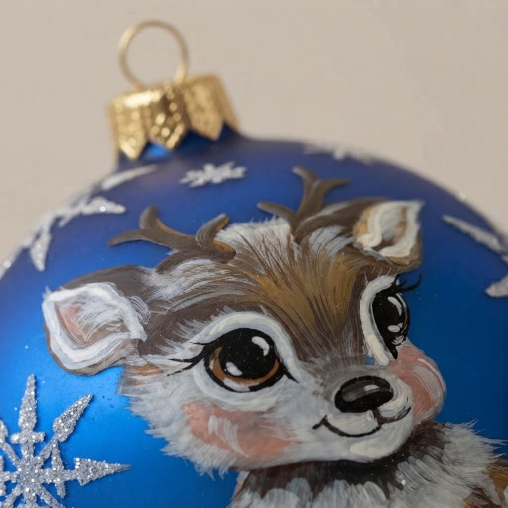 Dettaglio del decoro: palla di Natale cucciolo di renna su blu, Ø 12 cm