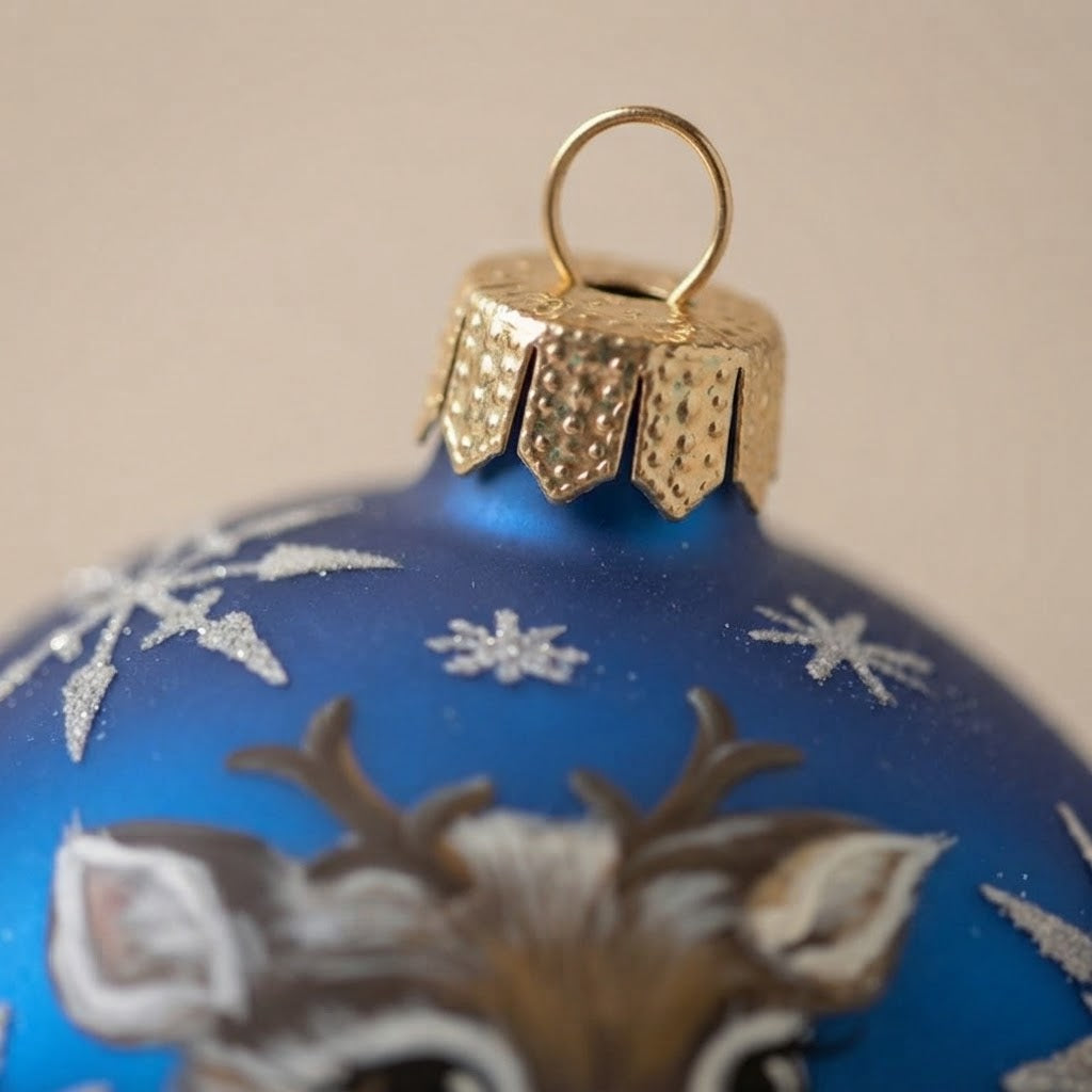 Dettaglio ravvicinato: palla di Natale cucciolo di renna su blu, Ø 12 cm