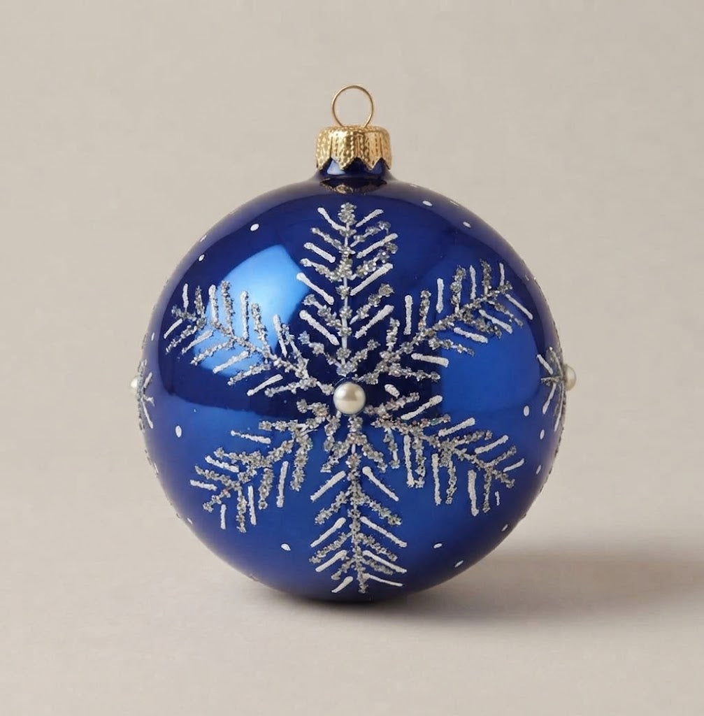 Christmas ornament with silver snowflake on blue, 4 in (10 cm), mouth-blown and hand-painted