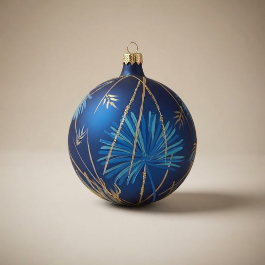 Palla di Natale Ø 10 cm dipinta a mano: fiore azzurro e steli in glitter oro su fondo blu